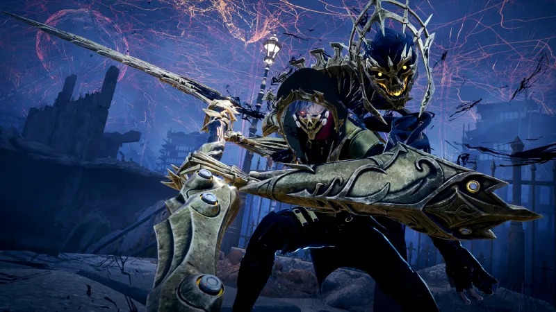 Code Vein II wallpaper, Boss, Giant sword, Gothic city, Blue aesthetic