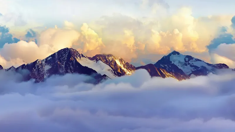 Alpine peaks above the clouds wallpaper, Golden sky, Snow mountains
