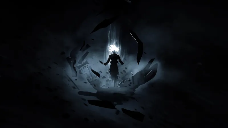 Goku, Perfected Ultra Instinct, Goku Ultra Instinct wallpaper, Dark background, Dragon Ball, Aura