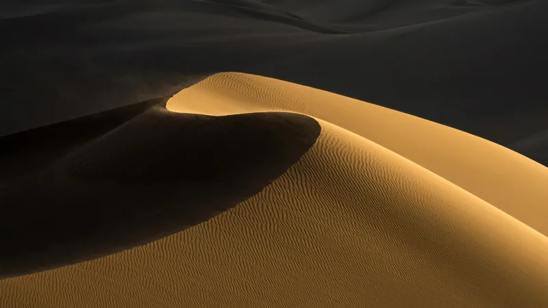 Golden sand dune, Ripples, Dark desert, 8K wallpaper