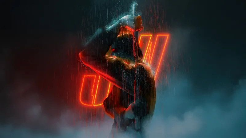 John Wick, Neon art, Rain, Dark aesthetic, 5K wallpaper