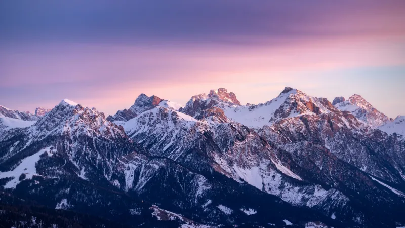 Snowy mountain range at sunset wallpaper, Pink sky, Winter peaks