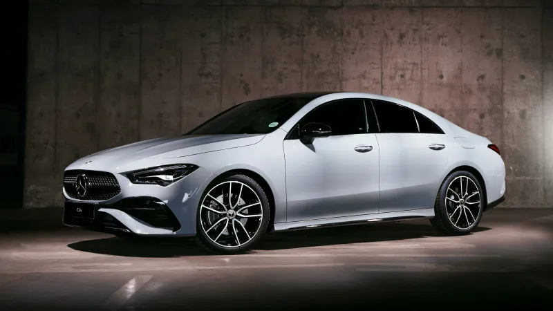 Mercedes-Benz CLA 200 Night Edition, Silver coupe, Concrete garage, 2026, 5K wallpaper