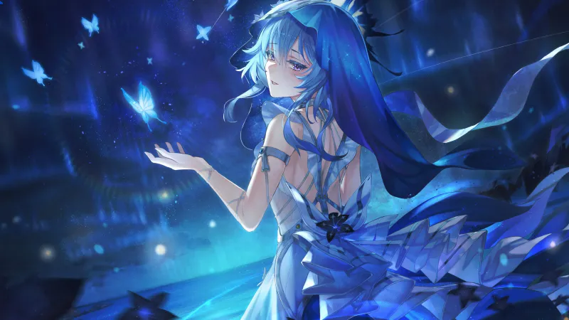 The Shorekeeper, Wuthering Waves, 5K wallpaper, Anime girl, Blue aesthetic, Butterflies