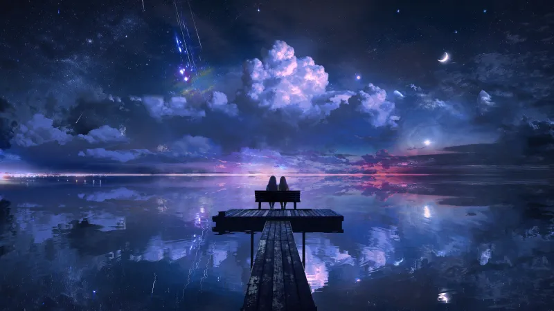 Couple on a pier under a starry sky, Reflections, Night lake, 5K wallpaper