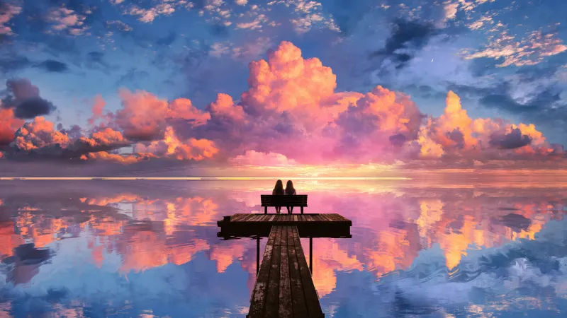 Two women on a pier at sunset, Pink clouds reflection, 5K wallpaper