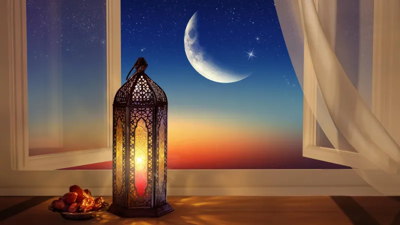 Ramadan Lantern, Crescent Moon, Night sky Window
