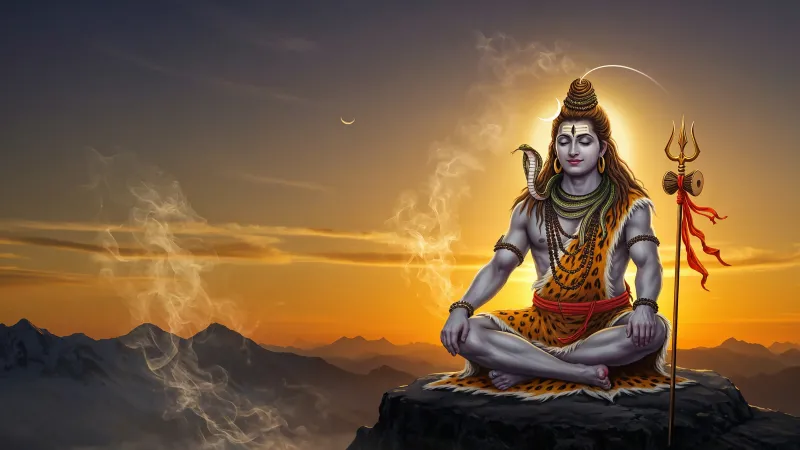 Lord Shiva meditating on a mountain wallpaper, Trident, Golden sunset