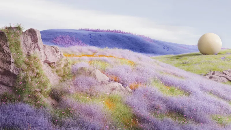 Lavender hills with a white sphere, Microsoft Design, Dreamy, 5K wallpaper