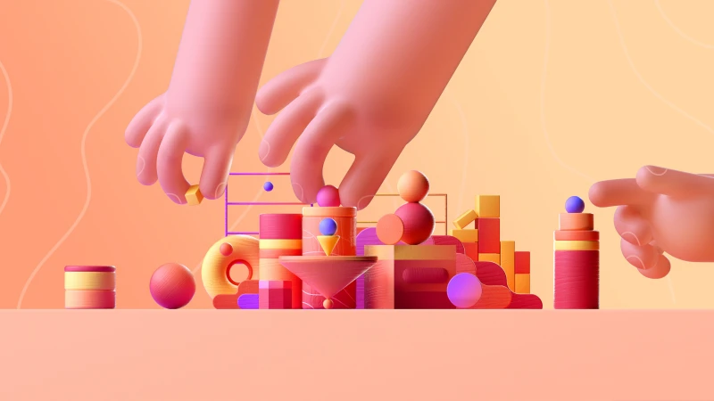 Giant hands stacking blocks, Peach background, Microsoft Design, 4K wallpaper