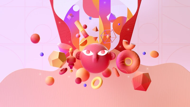 Pop art face explosion, Floating shapes, Microsoft Design, 4K wallpaper