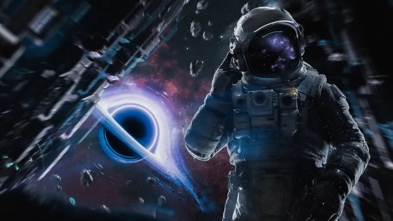 Astronaut near a black hole, Asteroids, Cinematic space, 5K wallpaper