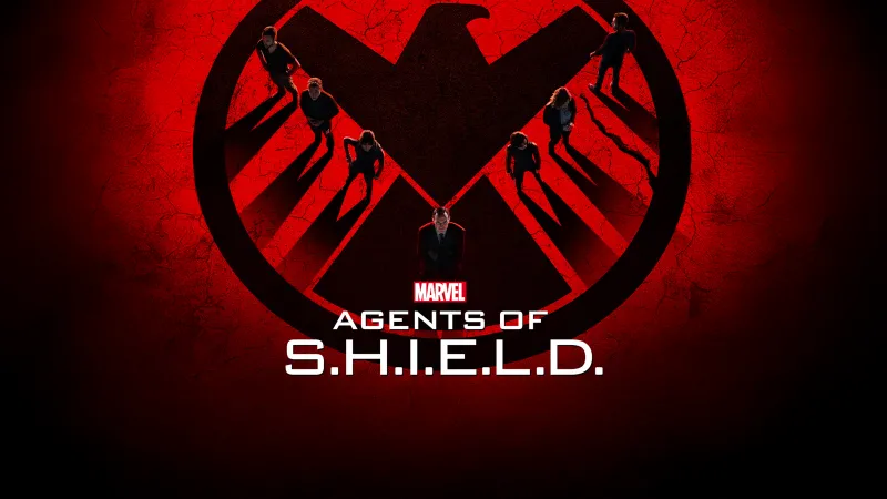 Agents of SHIELD, TV series, SHIELD logo wallpaper, Marvel Cinematic Universe, Red background, 4K wallpaper