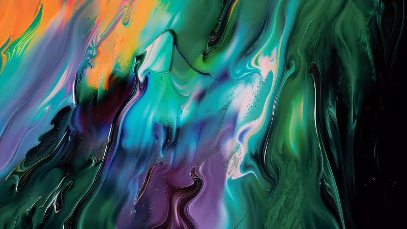Green and teal fluid art, Paint swirls, Dark, 5K wallpaper