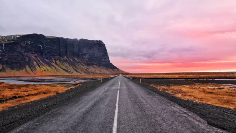 Iceland road, Cliffs, Pink sky, 5K wallpaper