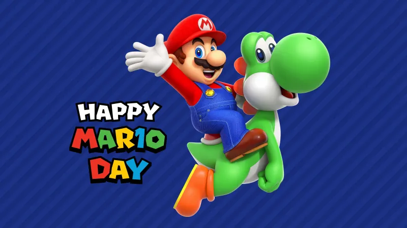 Happy Mario Day wallpaper, Mario riding Yoshi, Blue background, MAR10 Day