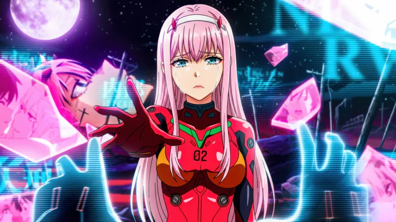 Zero Two, Sad, DARLING in the FRANXX, Neon city, Pilot suit, 5K wallpaper