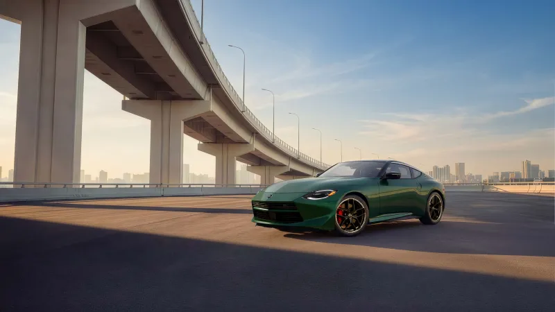 Nissan Z, Green coupe, Expressway, City skyline, 2027, 8K wallpaper