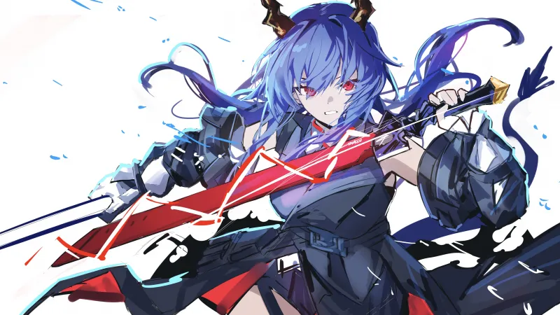 Ch'en wallpaper, Arknights, Dragon girl, Twin swords, White background