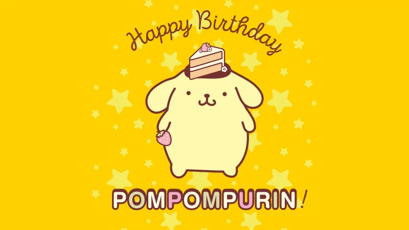 Pompompurin Happy Birthday, Yellow background 8K, Sanrio Kawaii cartoon
