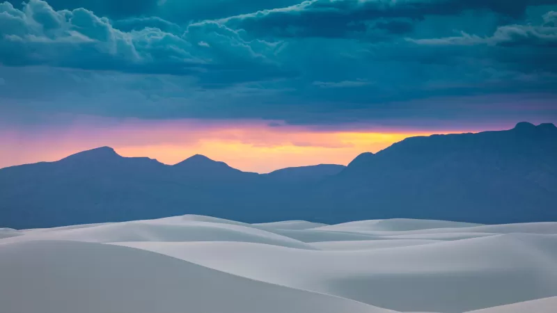 White Sands, Mountain range, Cloudy Sky, Sunset Orange, Silhouette, Landscape, USA, Desert, Soil, 5K