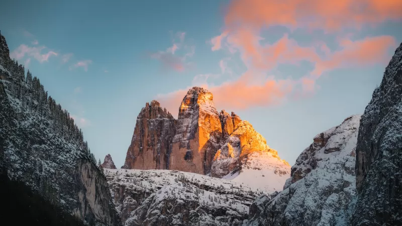 Tre Cime di Lavaredo, Italy, Mountain range, Rock formations, Snow covered, Glacier, Landscape, Mountain View, Peaks, Alps, Golden hour, Sunset, Scenery, 5K, 8K