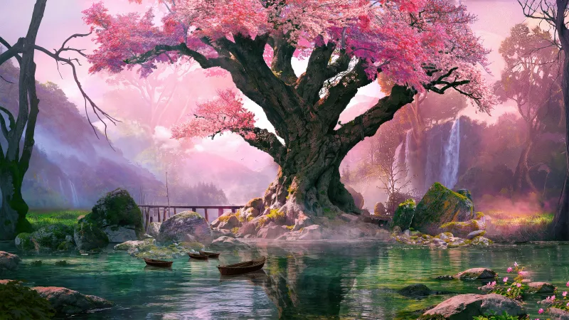 Cherry blossom tree by a misty lake wallpaper, Waterfalls, Fantasy