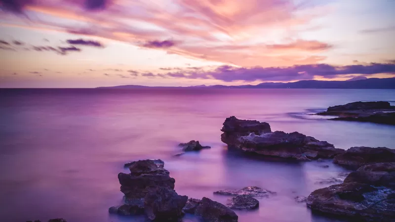 Seascape, Sunset, Horizon, Purple, Ocean, Rock formations, Scenic, Beauty in Nature, Landscape, Long exposure, Clouds, 5K