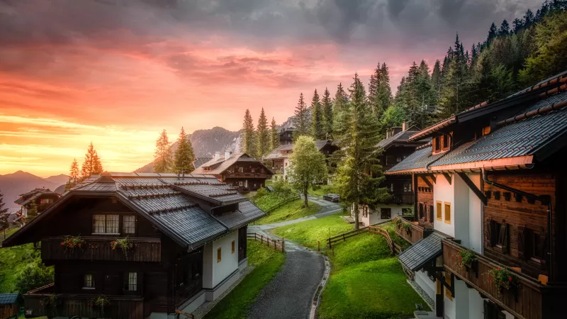 Wooden House, Sunrise, Landscape, Sonnleitn village, Southern Carinthia, Austria, Morning sun, Green Trees, Greenery, Cloudy, Scenery, 5K, 8K