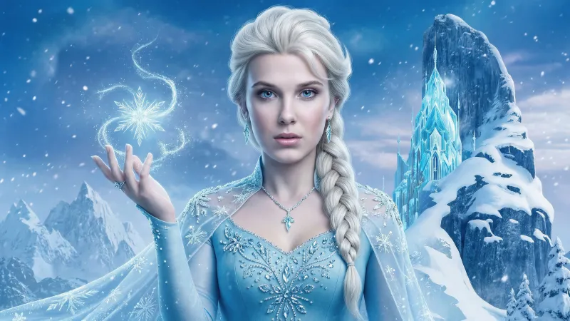 Millie Bobby Brown as Elsa, Frozen, Snow queen, AI art, 5K wallpaper