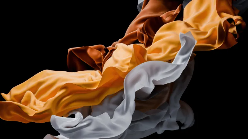 Flowing silk in gold and white wallpaper, Black background, Fabric