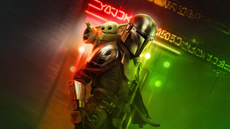 Star Wars: The Mandalorian and Grogu, The Mandalorian and Grogu wallpaper, Din Djarin, Baby Yoda, Neon lights