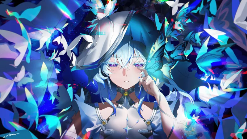 The Shorekeeper, 8K wallpaper, Anime girl, Wuthering Waves, Blue Butterflies