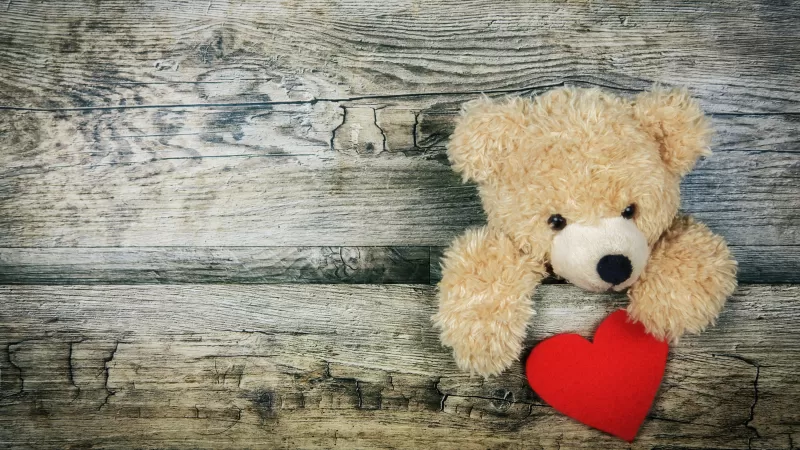 Teddy bear, Red heart, Wooden background, Soft toy, Stuffed, Valentine's Day, Cute Bear, Emotions, 5K