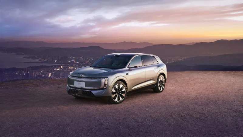 AUDI E7X wallpaper, Electric SUV, Mountain dusk, City lights, 2026, 4K