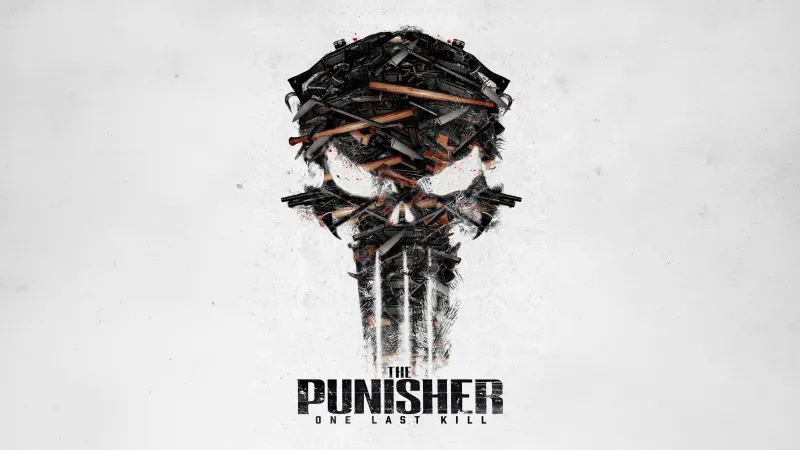 The Punisher: One Last Kill, Skull, Weapons skull art, White background, 5K wallpaper