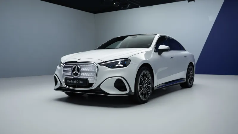 Mercedes-Benz electric C-Class wallpaper, C 400, White sedan, Studio, 2026, 5K