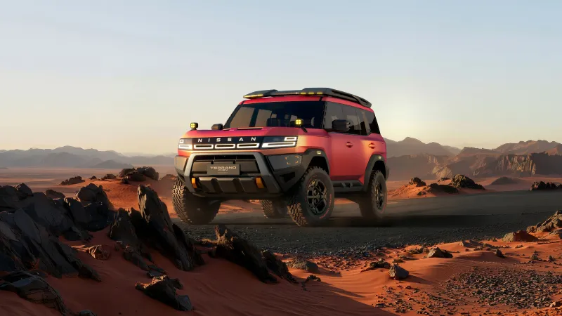 Nissan Terrano PHEV Concept wallpaper, Red off-road SUV, Desert rocks, 2026, 8K