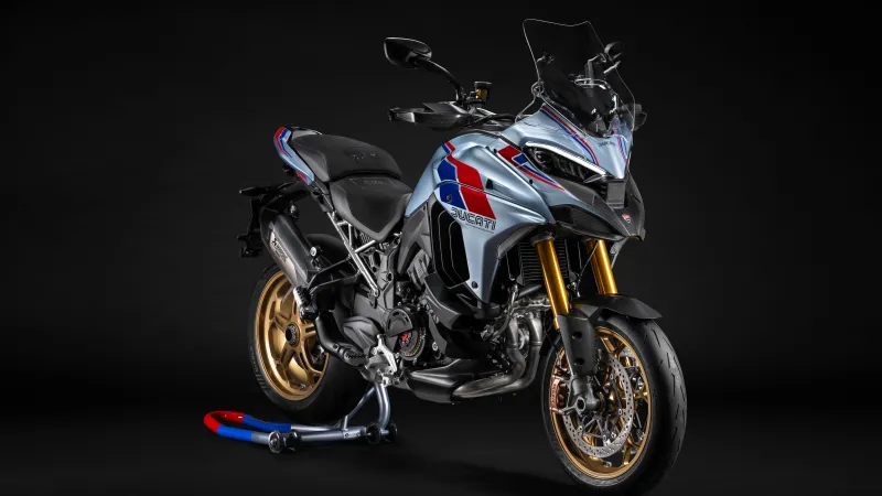 Ducati Multistrada V4 RS 100, Centenary livery, Gold wheels, Dark background, 2026, 8K wallpaper