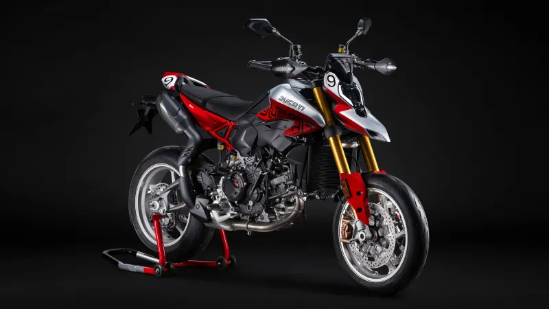 Ducati Hypermotard V2 SP 100, Centenary livery, Paddock stand, Black background, 2026, 8K wallpaper