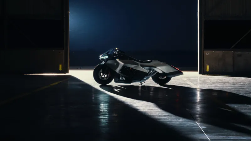 BMW Vision K18 wallpaper, Concept bike, Aircraft hangar, Blue hour, 2026