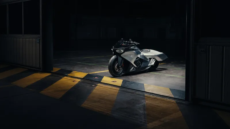 BMW Vision K18, Hangar door, Yellow and black stripes, Night, 2026, 5K wallpaper