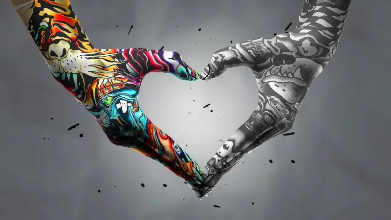 Tattooed hands making a heart, Graffiti art, Grey, 5K wallpaper