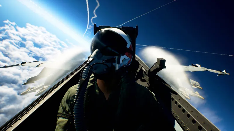 Ace Combat 8: Wings of Theve, Cockpit view, Fighter pilot, Blue sky, 8K wallpaper