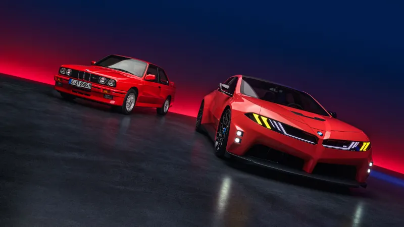 BMW M Concept Neue Klasse and E30 M3, Red, Past and future, 8K wallpaper