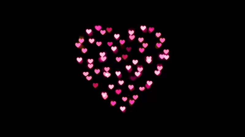 Love heart, Pink hearts, Lights, Night, Black background, 5K