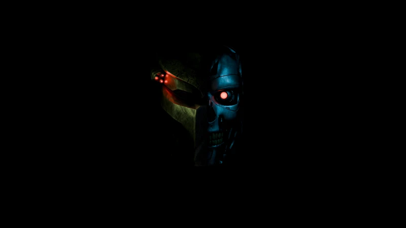 T-800 Endoskeleton Skull, The Terminator, Black background, Red eye, Cyborg wallpaper