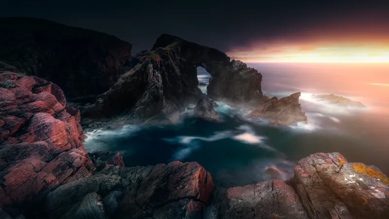 Stac a Phris arch at sunset wallpaper, Scotland, Long exposure