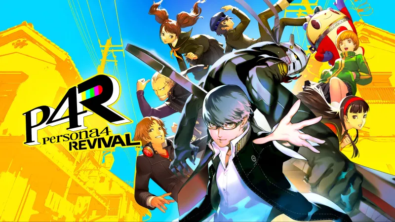 Persona 4 Revival wallpaper, Yu Narukami, Investigation Team, Yellow background