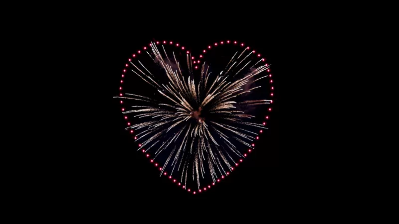 Love heart, Fireworks, Sparkles, Celebrations, Night, Black background, 5K, 8K